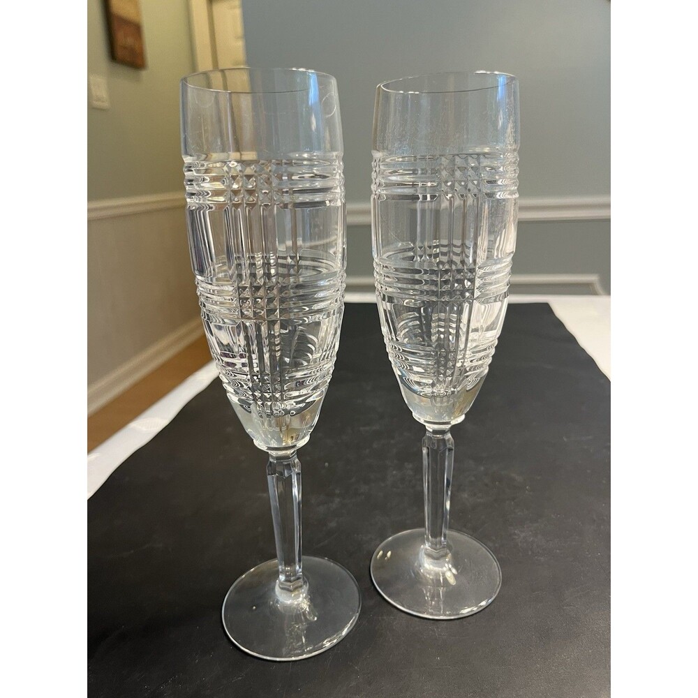 Pair of Ralph Lauren Glen Plaid Tall Champagne Flutes Glasses Barware EUC